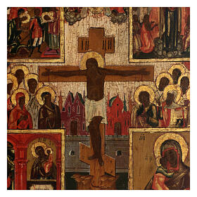 Icona russa antica Crocifissione con scene XIX sec 45x40 cm