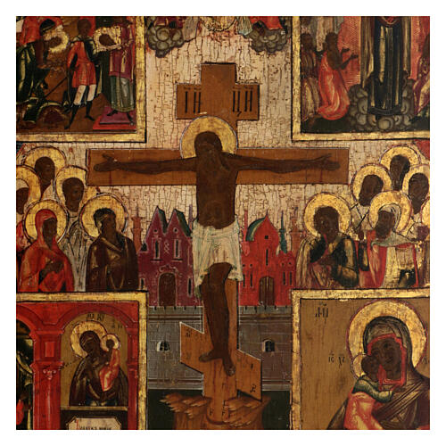 Icona russa antica Crocifissione con scene XIX sec 45x40 cm 2