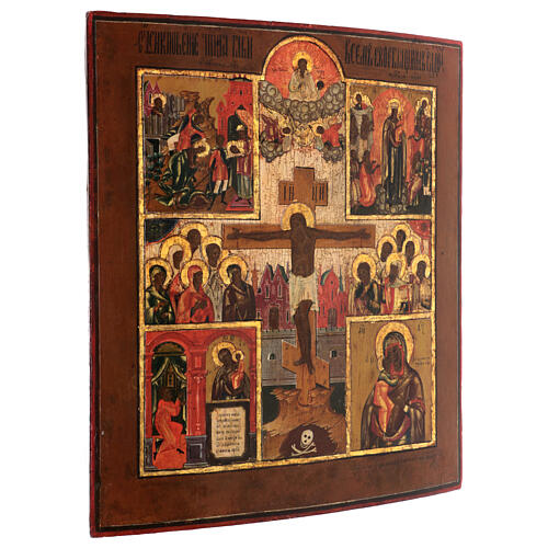 Icona russa antica Crocifissione con scene XIX sec 45x40 cm 3