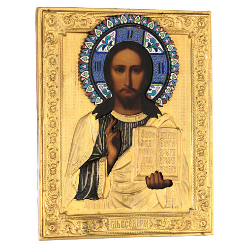 Alte russische Ikone „Christus Pantokrator“ mit vergoldeter Riza, Anfang 19 Jh, 22 × 18 cm 4