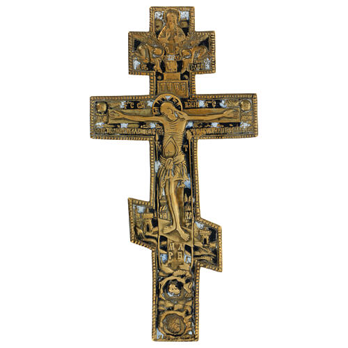 Orthodox crucifix, enamelled bronze, begenning of the 19th, 14x7 in 1
