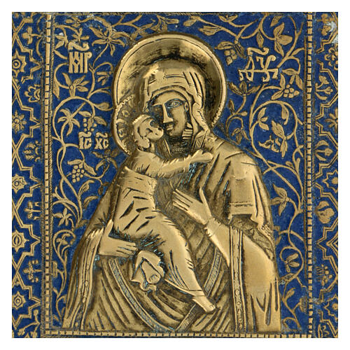 Icona viaggio Madonna Vladimir Mosca bronzo XIX sec 15x15 cm  2