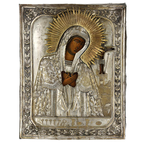 Icono ruso antiguo "Madre de Dios Akhtyrskaya" siglos XVIII-XIX 51x39 cm 1