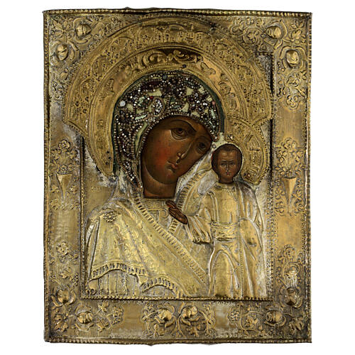 Matka Boża Kazańska z ornamentem, ikona antyczna, XVIII wiek, rosja, 35x29 1
