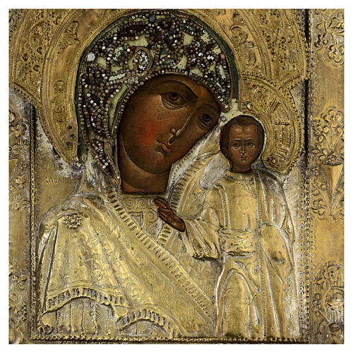 Mãe de Deus de Cazã ícone antigo russo séc. XVIII com bordado 35x29 cm 2