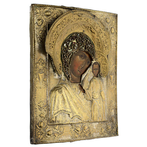 Mãe de Deus de Cazã ícone antigo russo séc. XVIII com bordado 35x29 cm 3