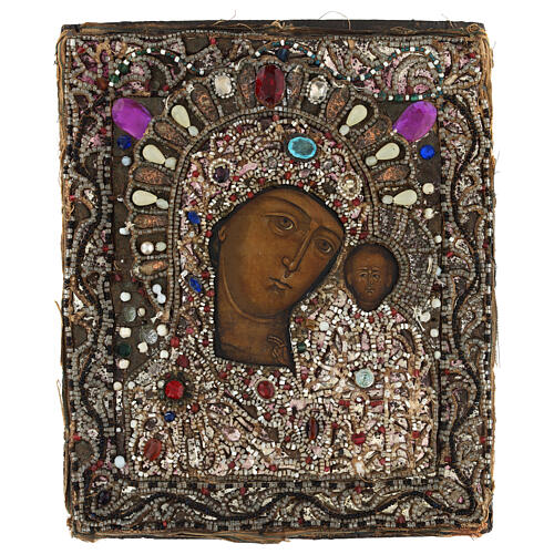 Our Lady of Kazan, ancient Russian icon with onorific embroidery, 18th century, 12x10 in 1