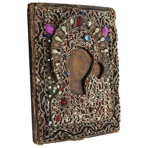 Our Lady of Kazan, ancient Russian icon with onorific embroidery, 18th century, 12x10 in 3