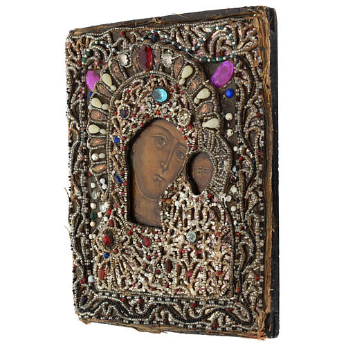 Our Lady of Kazan, ancient Russian icon with onorific embroidery, 18th century, 12x10 in 5