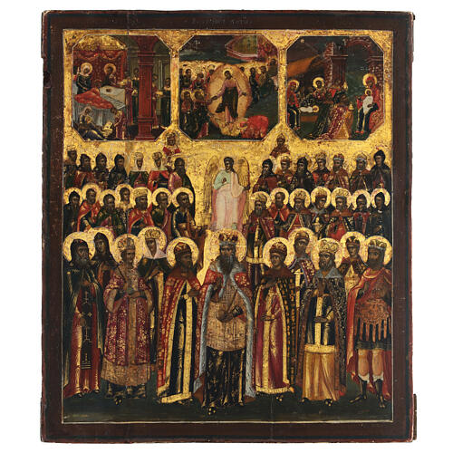 Synaxis of saints with feasts, ancient Russian icon, 19th century, 14x12 in 1