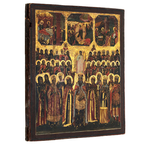 Synaxis of saints with feasts, ancient Russian icon, 19th century, 14x12 in 3