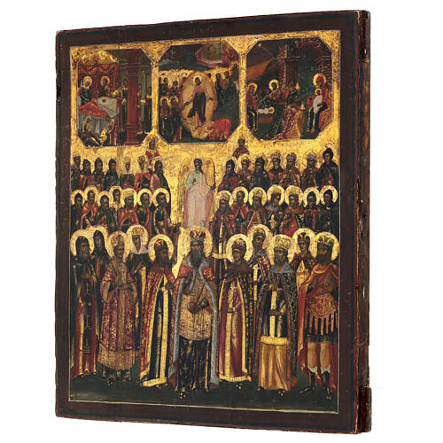 Synaxis of saints with feasts, ancient Russian icon, 19th century, 14x12 in 5