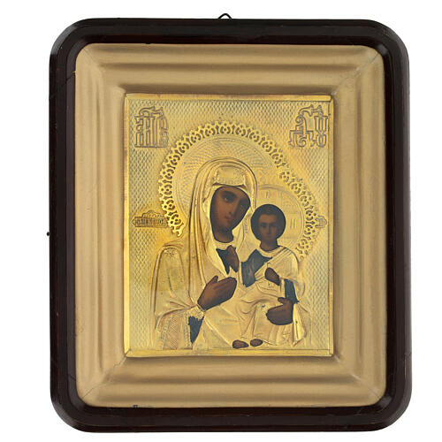 Our Lady of Smolensk with theca, ancient Russian icon, 19th century, 10.5x9 in 1