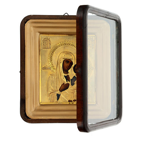 Madonna di Smolensk con teca icona russa antica XIX sec 27x23 cm 3