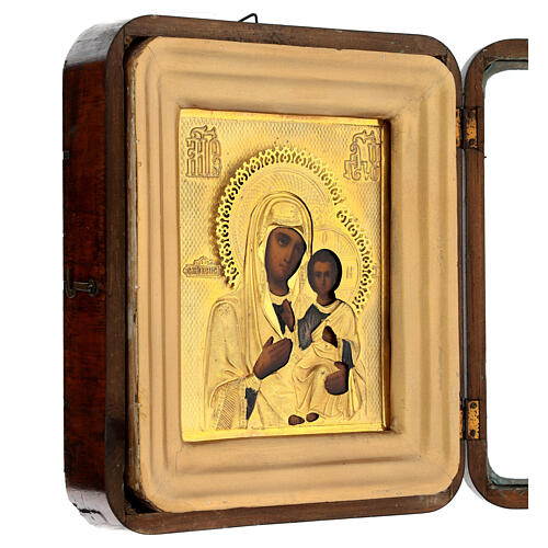 Madonna di Smolensk con teca icona russa antica XIX sec 27x23 cm 4