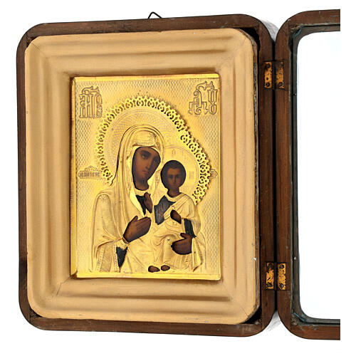 Madonna di Smolensk con teca icona russa antica XIX sec 27x23 cm 5
