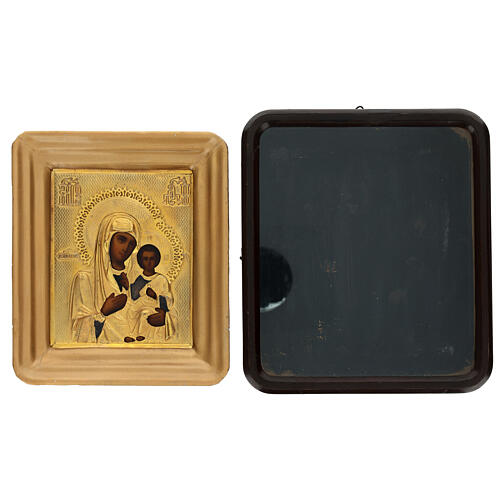 Madonna di Smolensk con teca icona russa antica XIX sec 27x23 cm 7