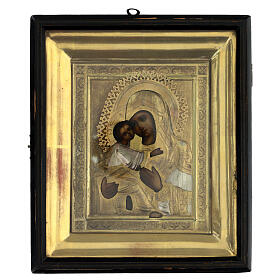 Virgin of Vladimir with theca, ancient Russian icon, 19th century, 10x8 in