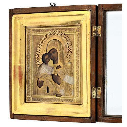 Virgin of Vladimir with theca, ancient Russian icon, 19th century, 10x8 in 5