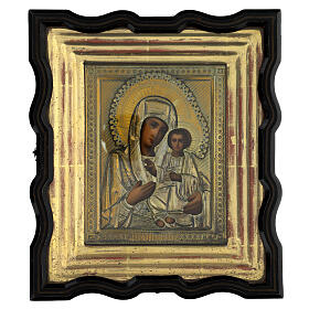 Alte russische Ikone „Gottesmutter von Smolensk“ mit Schutzvitrine, 19. Jh., 34 × 29 cm