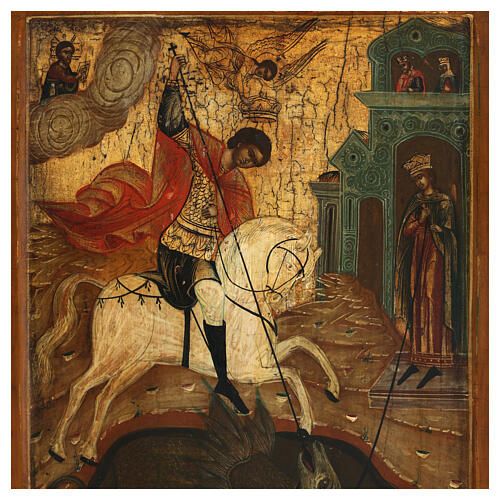 Antica icona russa San Giorgio e il drago 32x26 cm XIX sec legno di tiglio 2