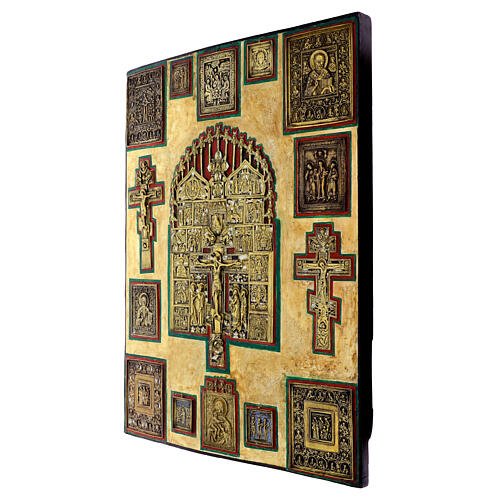 Ancient Russian icon, Staurotheke with bronze plates, 18th-19th century, 30x26 in 4