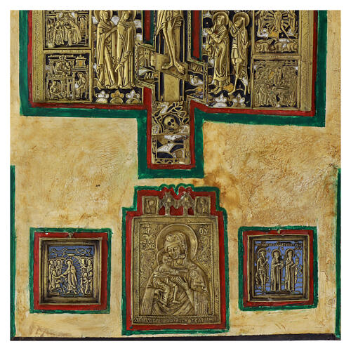 Ancient Russian icon, Staurotheke with bronze plates, 18th-19th century, 30x26 in 6