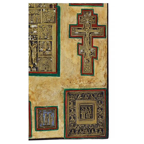 Ancient Russian icon, Staurotheke with bronze plates, 18th-19th century, 30x26 in 7