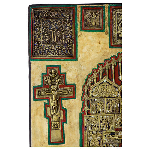 Ancient Russian icon, Staurotheke with bronze plates, 18th-19th century, 30x26 in 10