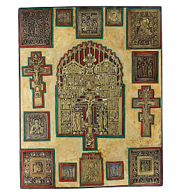 Ícone antigo russo Estauroteca com bronzes séc. XVIII-XIX 75x67 cm