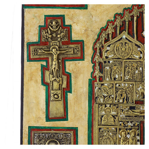 Ícone antigo russo Estauroteca com bronzes séc. XVIII-XIX 75x67 cm 3