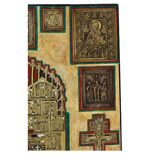 Ícone antigo russo Estauroteca com bronzes séc. XVIII-XIX 75x67 cm 8