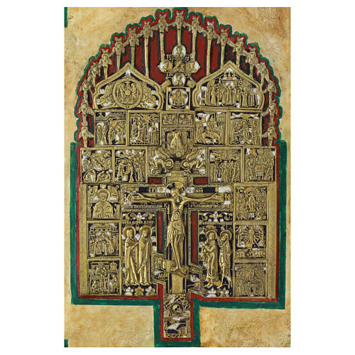 Ancient Russian icon Stauroteca with bronzes 18th - 19th century 75x67 cm 2