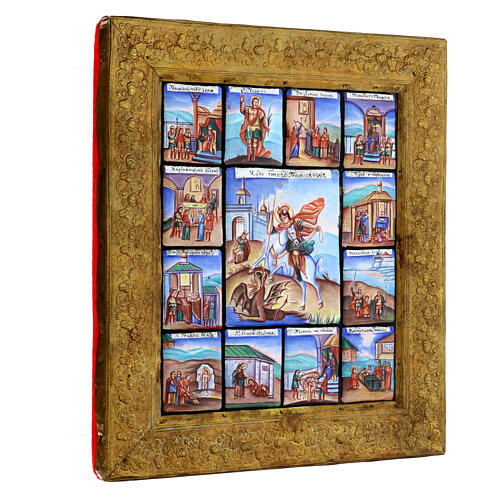 Ícone São Jorge e cenas de vida esmaltes Finift Rússia séc. XX 34x29 cm 3
