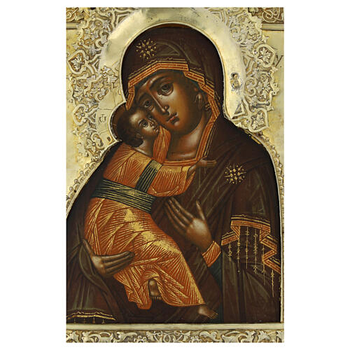 Ancient Russian gilded icon, Virgin of Vladimir, 19th century, 13x10.6 in 2