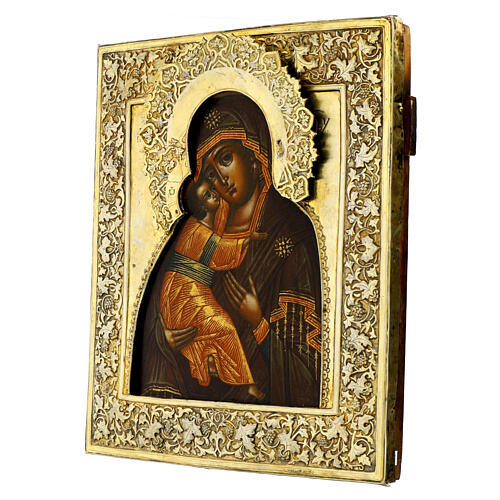 Ancient Russian gilded icon, Virgin of Vladimir, 19th century, 13x10.6 in 5