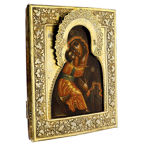 Icône russe ancienne Mère de Dieu de Vladimir riza argent XIXe siècle 33x27 cm 3