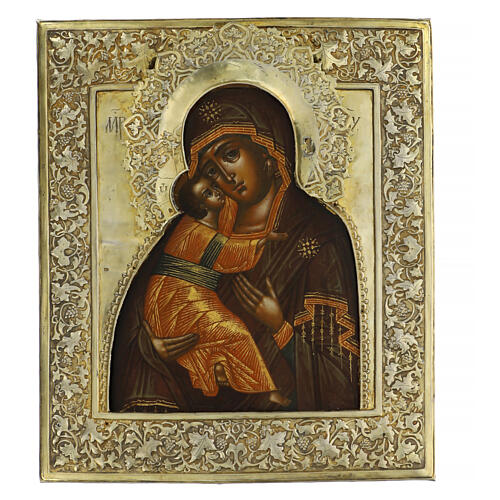 Ancient Russian icon Mother of God of Vladimir riza silver 19th century 33x27 cm 1