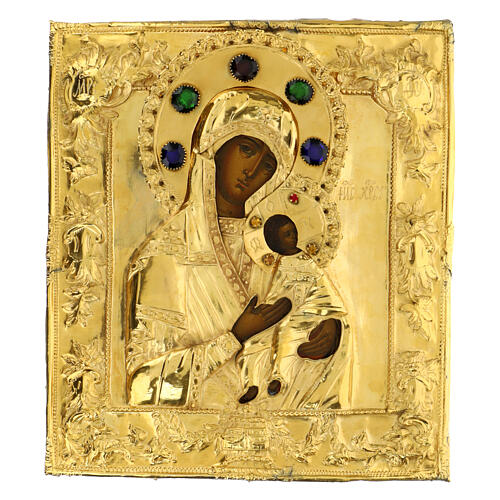 Icona Russia antica Madonna della Passione riza argento XIX sec 31x27,5 cm 1
