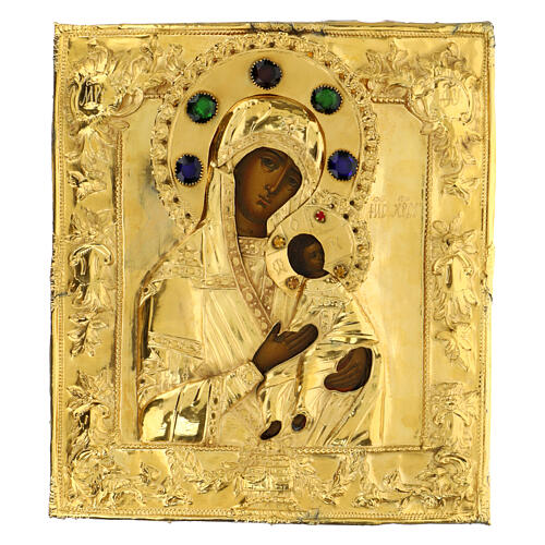 Ícone russo antigo Nossa Senhora da Paixão riza prata séc. XIX 31x27,5 cm 1