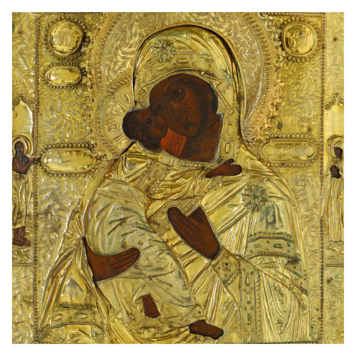 Ancient Russian gilded icon, Virgin of Vladimir, 18th century, 13x10.6 i 3