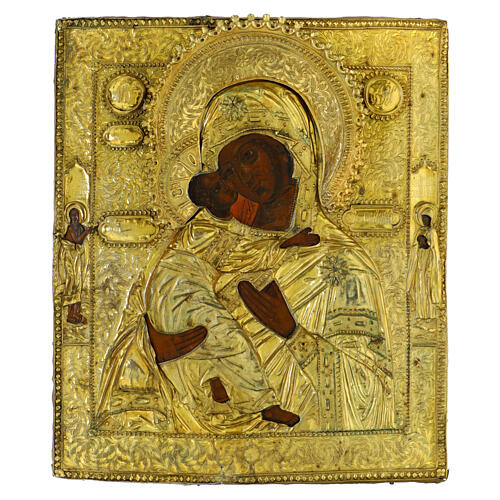 Icona antica Russia Madre di Dio di Vladimir riza argento XVIII sec 33x27 cm 1
