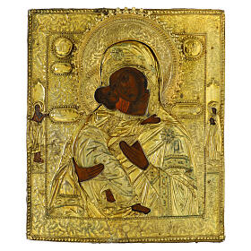 Ícone antigo Rússia Mãe de Deus de Vladimir riza prata séc. XVIII 33x27 cm