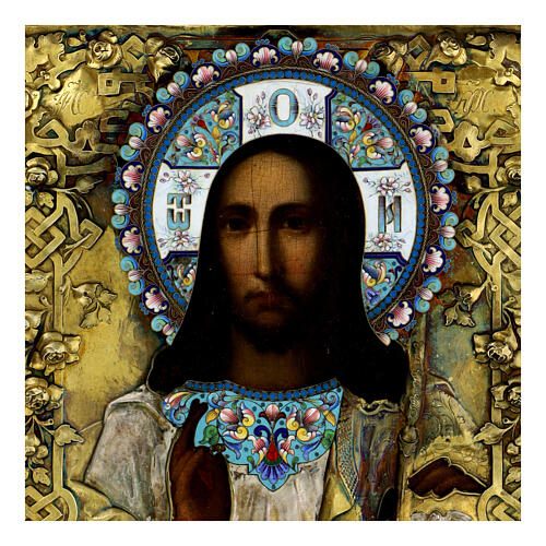Ancient Russian gilded icon of the Christ Pantocrator, enamels, 19th century, 10.6x8.9 in 2