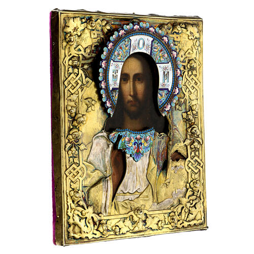 Ancient Russian gilded icon of the Christ Pantocrator, enamels, 19th century, 10.6x8.9 in 3