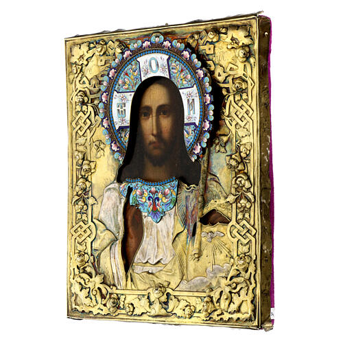 Ancient Russian gilded icon of the Christ Pantocrator, enamels, 19th century, 10.6x8.9 in 5
