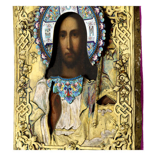 Ancient Russian gilded icon of the Christ Pantocrator, enamels, 19th century, 10.6x8.9 in 6