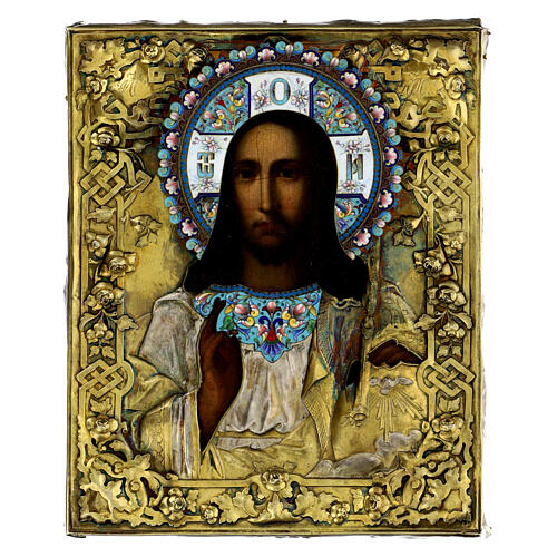 Ícone antigo com riza russa Pantocrator prata esmaltes séc. XIX 27x22,5 cm 1