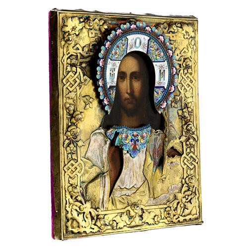 Ícone antigo com riza russa Pantocrator prata esmaltes séc. XIX 27x22,5 cm 3