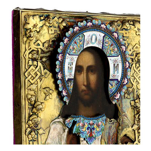 Ícone antigo com riza russa Pantocrator prata esmaltes séc. XIX 27x22,5 cm 4